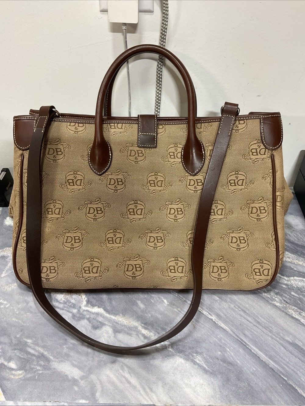 Dooney & Bourke Tan Canvas Logo Satchel with Brown Leather Trim